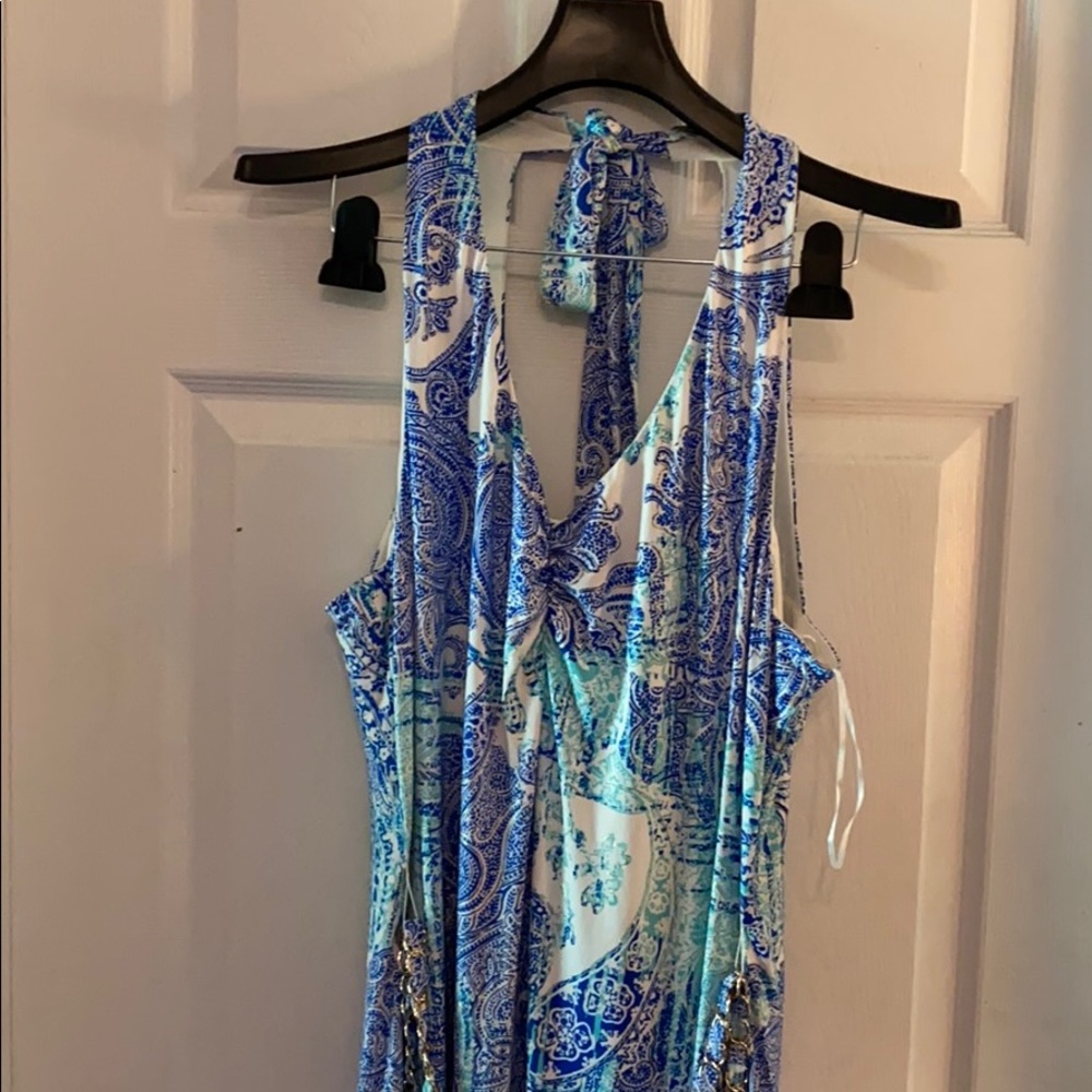 Lovely Cache maxi in a blue, green & gold print